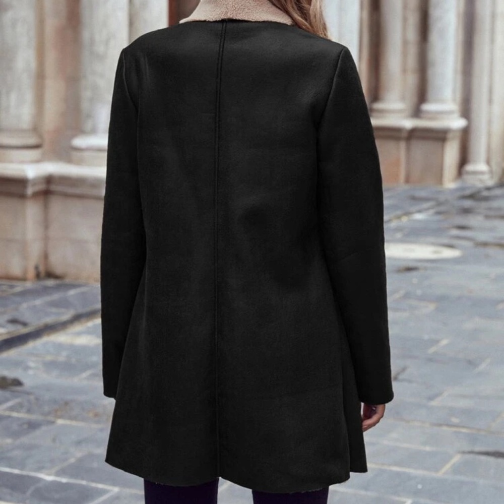 Vegan leather shearling faux fur lined open front jacket coat black cream - Picture 3 of 13